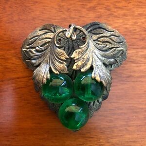 Vintage 1930s Brass and Green Glass Leaf Accent Dress Clip
